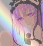  1girl bangs bare_shoulders black_ribbon close-up commentary_request fate/hollow_ataraxia fate_(series) galibo hairband lolita_hairband long_hair looking_at_viewer purple_hair rainbow ribbon shadow smile solo stheno twintails violet_eyes 