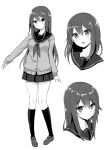  black_hair cardigan character_sheet chiune_(yachi) kneehighs long_hair monochrome original school_uniform serafuku skirt 