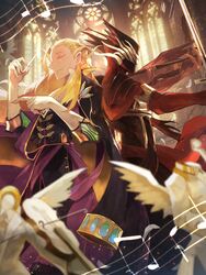  2boys angel antonio_salieri_(fate/grand_order) back-to-back baton_(instrument) black_gloves blonde_hair blurry church closed_eyes closed_mouth conductor depth_of_field fate/grand_order fate_(series) formal gloves highres instrument long_hair long_sleeves male_focus mask mono_(jdaj) multiple_boys musical_note pinstripe_suit smile stained_glass striped suit sword very_long_hair violin weapon wolfgang_amadeus_mozart_(fate/grand_order) 