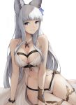  1girl animal_ears bangs bare_shoulders blue_eyes blunt_bangs bracelet breasts cleavage erune eyebrows_visible_through_hair flower granblue_fantasy hair_flower hair_ornament highres jewelry koretsuki_azuma korwa long_hair looking_at_viewer medium_breasts parted_lips sidelocks simple_background sitting smile solo teeth thighlet white_background 