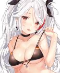  1girl anchor azur_lane blush breasts choker cleavage collarbone commentary english_commentary eyebrows_visible_through_hair head_tilt hitsukuya large_breasts lifted_by_self multicolored_hair prinz_eugen_(azur_lane) red_eyes redhead silver_hair smile solo strap_lift streaked_hair two_side_up upper_body work_in_progress 