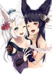  2girls :d animal_ears bangs bare_shoulders bell black_hair blue_eyes blunt_bangs breasts cleavage collarbone commentary_request erune eyebrows_visible_through_hair eyelashes fang fox_ears fox_girl gloves granblue_fantasy hair_bell hair_ornament highres interlocked_fingers jingle_bell long_hair long_sleeves looking_at_viewer medium_breasts multiple_girls open_mouth raised_eyebrows red_eyes shikioriori_(siki_mim) sideboob simple_background smile socie_(granblue_fantasy) wavy_hair white_background white_hair yuel_(granblue_fantasy) 