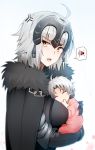  1boy 1girl ahoge anger_vein armor armored_dress baby black_dress breasts cape commentary dress fate/grand_order fate_(series) fur_trim gauntlets ginhaha headpiece jeanne_d&#039;arc_(alter)_(fate) jeanne_d&#039;arc_(fate)_(all) looking_at_viewer medium_breasts mother_and_son open_mouth short_hair silver_hair sleeping spoken_x upper_body yellow_eyes 