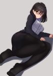 1girl arm_support bangs black-framed_eyewear black_hair black_legwear black_skirt black_sweater blush breasts brown_eyes commentary_request frilled_shirt frills glasses grey_background highres kagematsuri large_breasts long_sleeves looking_at_viewer lying no_shoes on_side original pantyhose parted_lips pencil_skirt shadow shiny shiny_hair shirt short_hair simple_background skirt solo sweater white_shirt 
