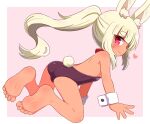  1girl animal_ear_fluff animal_ears ass bangs bare_legs bare_shoulders barefoot blonde_hair blunt_bangs blush closed_mouth commentary_request eyebrows_visible_through_hair heart heart-shaped_pupils highres leotard long_hair looking_at_viewer looking_back masurao_2_(sekaiju) naga_u pink_background ponytail profile purple_leotard rabbit_ears rabbit_girl rabbit_tail sekaiju_no_meikyuu sekaiju_no_meikyuu_5 short_eyebrows smile soles solo strapless strapless_leotard symbol-shaped_pupils tail thick_eyebrows two-tone_background very_long_hair violet_eyes white_background wrist_cuffs 