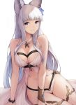  1girl animal_ears bangs bare_shoulders blue_eyes blunt_bangs bracelet breasts cleavage commentary_request erune flower granblue_fantasy hair_flower hair_ornament highres jewelry koretsuki_azuma korwa long_hair looking_at_viewer medium_breasts parted_lips sidelocks simple_background sitting smile solo teeth thighlet white_background 