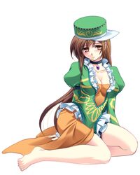  blush breasts brown_eyes brown_hair choker claudia_(romancing_saga) cleavage feet hat jewelry kanikame long_hair necklace romancing_saga romancing_saga_minstrel_song saga 