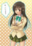  breast_hold breasts brown_hair hashi kotegawa_yui long_hair school_uniform to_love-ru toloveru translated 