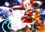  bare_shoulders bell boots bow brown_eyes child christmas detached_sleeves gift hair_bow headphones koi koi_(koisan) motor_vehicle original pink_hair sack santa_costume scooter thigh-highs thigh_boots thighhighs twintails vehicle 
