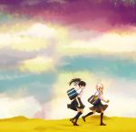  bag black_hair dark_skin long_hair long_skirt multiple_girls original ponytail puranaria running school_uniform short_hair sky smile socks sunset white_hair 