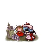  &gt;_&lt; bat_wings blue_hair chibi despair flandre_scarlet flower grave knife multiple_girls no_eyes no_mouth open_mouth remilia_scarlet rose shaded_face siblings simple_background sisters socha tears tombstone touhou white_rose wings wreath 