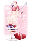 cup dress elbow_gloves food food_as_clothes frills fruit girl_in_a_cup gloves highres ice_cream in_container in_cup in_food minigirl momoyama_nozomu original parfait red_eyes red_hair redhead short_hair strawberry 