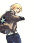  blonde_hair blue_eyes fatal_fury fingerless_gloves garou gloves jacket jeans king_of_fighters leather_jacket looking_back male short_hair smile snk star terry_bogard wanko_(pixiv) 