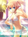  1girl bikini blue_eyes front-tie_top gym_leader holding holding_poke_ball kasumi_(pokemon) open_mouth orange_hair poke_ball pokemon shiramori_yuse side-tie_bikini side_ponytail smile solo string_bikini sunbeam sunlight swimsuit wading water yuse 