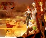  belt bird blonde_hair braid dress ginny_knights gustav jacket long_hair nemuri pantyhose primiera red_hair saga saga_frontier_2 shirtless sunset tree white_hair 