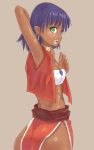  arms_up bandeau dark_skin earrings fushigi_no_umi_no_nadia green_eyes jewelry loincloth looking_back midriff nadia neck_ring necklace purple_hair short_hair simple_background tubetop vest 