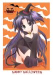  barefoot breasts cape clannad cleavage elbow_gloves foreshortening gloves halloween hat ichinose_kotomi long_hair ootaka_narumi purple_eyes purple_hair tail thighhighs twintails violet_eyes witch witch_hat 