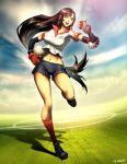  black_hair cloud clouds earrings final_fantasy final_fantasy_vii genzoman gloves legs long_hair playing_sports red_eyes shorts sky smile soccer soccer_ball socks solo sport thumbs_up tifa_lockhart white_soccer_ball 