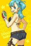  bikini_top blue_eyes blue_hair blush bulma denim denim_shorts dragon_ball dragonball gloves hair_bobbles hair_ornament hotpants knife long_hair looking_back short_shorts shorts side_ponytail solo thigh_strap yukke 