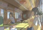  book dog jitsu_hidari light living_room multiple_girls puppy school_uniform shade sitting sunbeam sunlight tatami train train_interior wink 