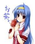  blue_hair bottle hairband long_hair red_eyes school_uniform tea tsuzura_saki wristband wristbands 