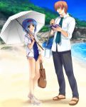  bag beach book cooler highres hoodie jacket_over_swimsuit little_busters! little_busters!! moonknives mutsuki_(moonknives) natsume_kyousuke necktie nishizono_mio one-piece_swimsuit parasol sandals school_swimsuit school_uniform swimsuit umbrella 