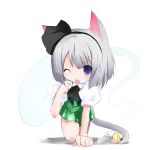  bell blue_eyes cat_ears cat_tail fang hairband hitodama konpaku_youmu konpaku_youmu_(ghost) myon ribbon shichinose short_hair silver_hair sitinose skirt tail tail_bell tail_ribbon touhou wink 