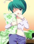  antenna aro clover green_eyes green_hair midriff navel open_clothes open_shirt panties pillow pillow_hug shirt short_hair sleepy solo touhou underwear wink wriggle_nightbug 