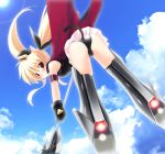 bardiche black_panties blonde_hair blush cat_ears cat_tail fate_testarossa from_behind gloves long_hair looking_back mahou_shoujo_lyrical_nanoha mahou_shoujo_lyrical_nanoha_a&#039;s mahou_shoujo_lyrical_nanoha_a's panties red_eyes ribbon sdwing strike_witches striker_unit tail twintails underwear very_long_hair 