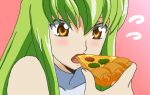  bare_shoulders blush c.c. cc code_geass eating food green_hair narusemi pizza yellow_eyes 