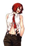  1girl blue_eyes gloves head_tilt king_of_fighters king_of_fighters_neowave lipstick midriff nakano_tomokazu necktie official_art open_clothes open_shirt red_hair redhead shirt short_hair snk solo suspenders vanessa 