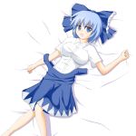  bad_id bed big_magnum_morita blue_eyes blue_hair breasts cirno large_breasts lying open_mouth touhou 