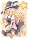  bad_id blonde_hair braid broom broom_riding hair_ribbon hand_on_hat hat kirisame_marisa long_hair lowres ribbon shiramori_yuse smile solo star touhou witch_hat yellow_eyes yuse 