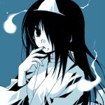  blue_background clothed crumbs finger_to_mouth ghost gintama hair_over_one_eye hitaikakushi japanese_clothes long_hair lowres monochrome rei_(gintama) sakurazawa_izumi spirits triangular_headpiece yamamura_sadako 