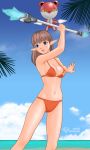  2008 beach bikini blue_eyes brown_hair long_hair orange_bikini phantasy_star phantasy_star_universe pointy_ears robot sino swimsuit wand 