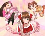  bent_over brown_hair bunny cute_&amp;_girly_(idolmaster) gloves green_eyes idolmaster long_hair minase_iori rabbit red_eyes sakamoto_mineji short_hair stuffed_animal stuffed_toy takatsuki_yayoi thighhighs twintails 