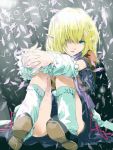  blonde_hair green_eyes kuruwa_(artist) mizuhashi_parsee petals pointy_ears short_hair sitting solo teoshiguruma touhou 