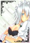  blue_eyes bra braid breasts cleavage cuffs izayoi_sakuya lingerie lying open_clothes open_shirt ribbon shirt short_hair silver_hair touhou twin_braids underwear unk wink wrist_cuffs 