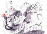  bad_id chen fine_art_parody inu_poteto monochrome multiple_tails nihonga parody purple sketch tail touhou yakumo_ran 