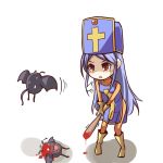  bat blood blue_hair boots chibi dragon_quest dragon_quest_iii drakee hat long_hair mitre monster priest_(dq3) red_eyes tabard tears ygo 