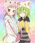  2girls animal_hat bad_id blush detached_sleeves green_hair hat kl-chan long_hair maruki_(punchiki) mono_(character) multiple_girls original pink_hair red_eyes short_hair smile toeto toeto_(vocaloid) twintails vocaloid 