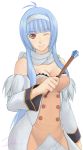  blue_hair breasts cleavage long_hair quiz_magic_academy red_eyes satsuki_(quiz_magic_academy) signature sketch smile wand wink yukihiro 