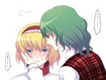  alice_margatroid blonde_hair blue_eyes blush dress_shirt green_hair hairband hand_on_another's_cheek harano kazami_yuuka looking_away plaid_vest portrait red_eyes shirt sweat touhou yuri 