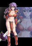  :3 armor bad_id bikini_armor breasts choker cleavage death dragon_quest dragon_quest_iii eggplant elbow_gloves gloves green_eyes hourglass_figure huge_breasts long_hair purple_hair soldier_(dq3) solo sword weapon zoom_layer 