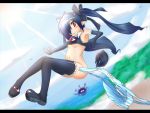  black_hair black_rock_shooter blue_eyes breasts chains cleavage denim denim_shorts long_hair midriff nacl scar standing twintails 