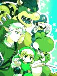  baton bomb bowser checkerboard_cookie claws color_connection cookie earrings facial_hair food gloves green hat jewelry link luigi male monochrome mustache nintendo pointy_ears shield smile super_mario_bros. super_smash_bros. the_legend_of_zelda toon_link v yoshi 