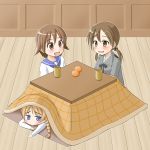  blush braid brown_eyes brown_hair cup food fruit gertrud_barkhorn kotatsu lynette_bishop miyafuji_yoshika orange school_uniform shinjou_ryou short_hair strike_witches table twintails youta_(asatsukidou) 