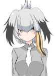  1girl blush breasts closed_mouth collared_shirt commentary folded_ponytail grey_hair grey_shirt head_wings kemono_friends long_sleeves looking_at_viewer malice_stella medium_breasts multicolored_hair necktie shirt shoebill_(kemono_friends) side_ponytail simple_background solo upper_body white_background white_neckwear wing_collar yellow_eyes 