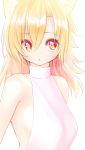  1girl :o animal_ears blonde_hair eyebrows_visible_through_hair fox_ears hutaba_akane long_hair looking_back naomi_(sekai_no_hate_no_kissaten) original red_eyes sleeveless solo sweater turtleneck turtleneck_sweater white_background 