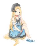  1girl abigail_williams_(fate/grand_order) absurdres bangs beret black_bow black_hat blonde_hair blue_dress blue_footwear bow closed_mouth collarbone commentary_request dress eyebrows_visible_through_hair fate/grand_order fate_(series) fingernails forehead full_body hair_bow hand_up hat highres long_hair mary_janes parted_bangs shoes simple_background sitting sleeveless sleeveless_dress smile socks solo very_long_hair white_background white_bow white_legwear yukaa 